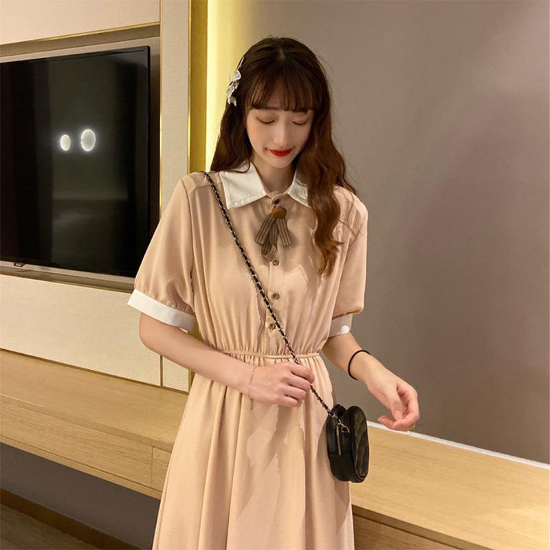 College Style French Retro Slim Waist Temperament Dress Female Student Short-sleeved Mid-length Skirt A-line Skirt