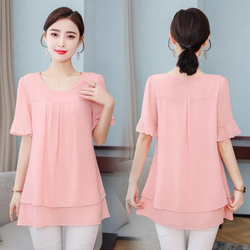 Women's Summer Chiffon Short Sleeve Large Size Round Neck Solid Color Loose T-Shirt