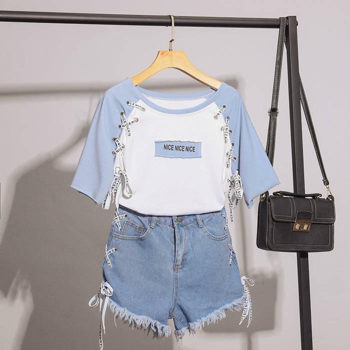 Fashion Shorts Set Summer Strap Letter Print T-shirt Denim Shorts Two-piece Girl Sweet T-shirt Sets