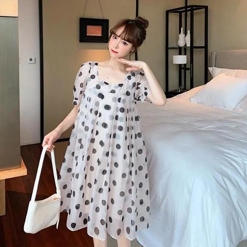 WTEMPO Plus Size M-XXXXL Women Dress Summer Puff Sleeve Casual Polka Dot  Knee-length Dress