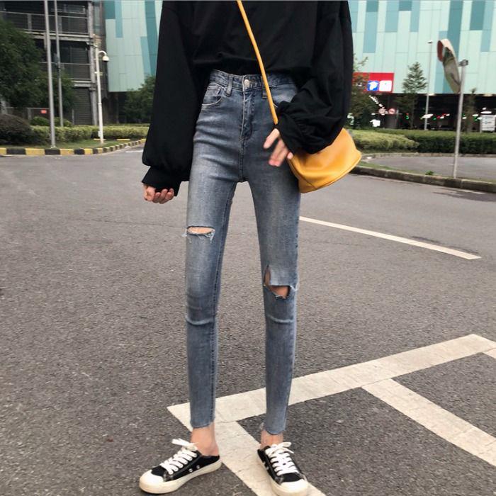 WTEMPO High Waist Ripped Jeans Clothes Stretch Denim Clothing Blue Street Clothes Fashion Retro Pants
