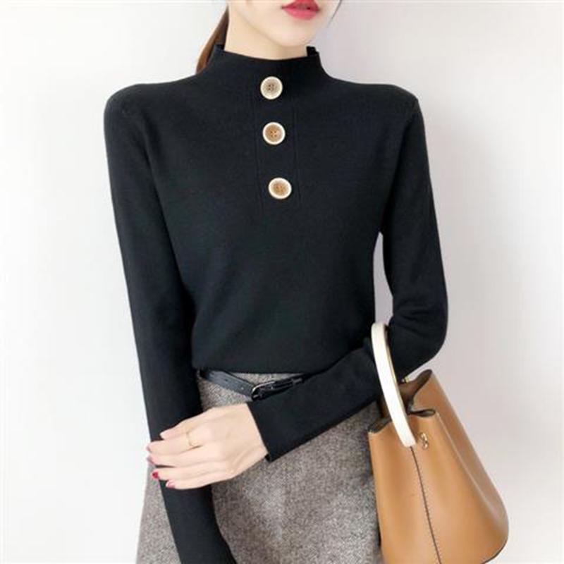 Women's  Button Turtleneck pullover  long sleeve slim bottoming Knit sweater jumpers top winter