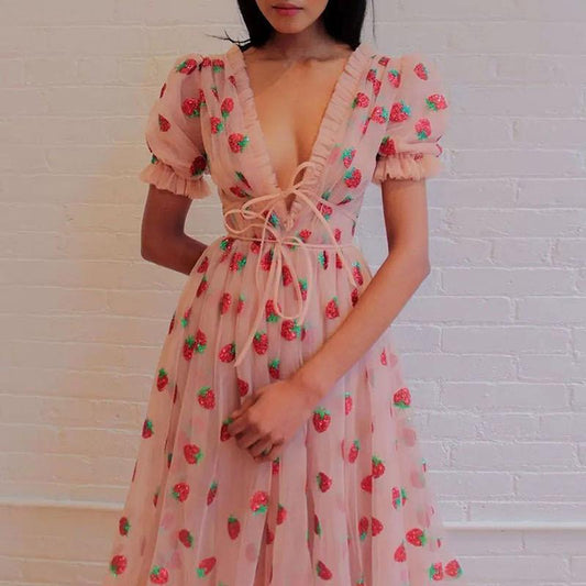 Fairy Tulle Dress, Cottagecore Plus Size 5XL Strawberry Maxi Dress, Milkmaid Cute Prom Puff Sleeve Mesh Dress,Homecoming Dress