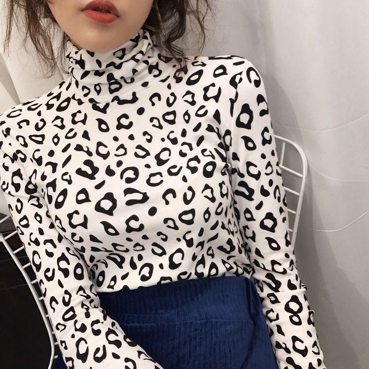 Pofulove Wild Thin Plus Fleece Top Turtleneck Bottoming Shirt Women's Long Sleeve Leopard Warm Slim