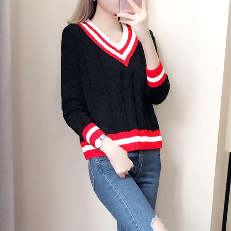 Autumn and Winter Loose Top Knitted Padded Base Shirt V-neck Striped Women's Sweater