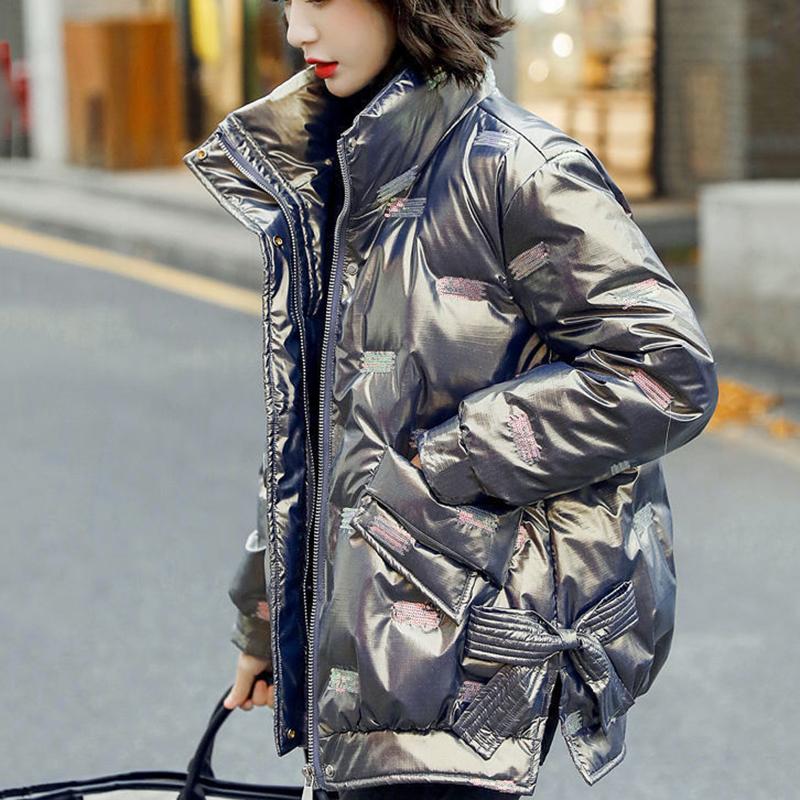 Women's Bright Print Short Down Jacket Winter Korean Loose Quilted Jacket Casual Stand-up Collar Hooded Down Jacket Quilted Jacket