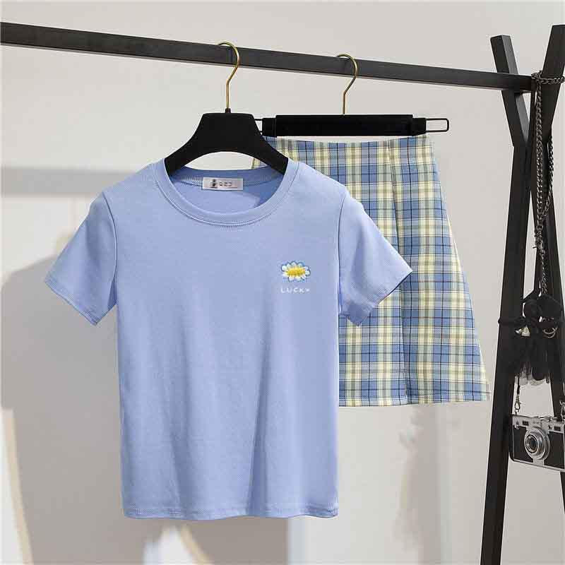 S-XL Summer Women O-neck Thin Cute and Sweet T-shirt+A-word Bag Hip Plaid Shorts 2pcs Office Lady Slim T-shirt Shorts Suits