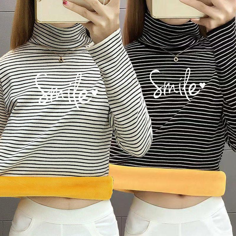 Thicken Plus Velvet Thermal Clothing Women's Underwear Tight-fitting High-neck Striped Winter Bottoming Shirt One-piece Gold Velvet Top