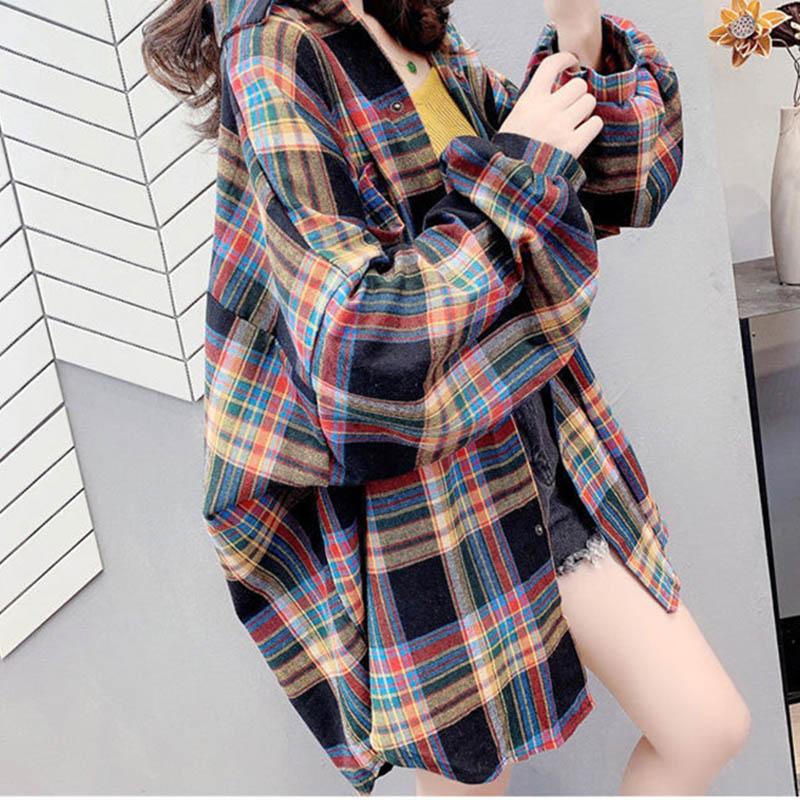 Plus Velvet/no Velvet Plaid Shirt Women's Spring and Autumn Long-sleeved Mid-length Loose Large Size