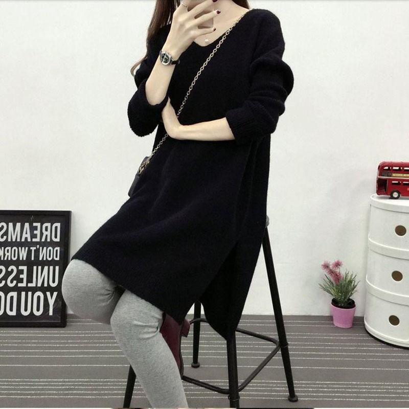 Women's Sweater V-neck   Loose Thin Long Knit Bottoming Knitwear Split Knit Jumper