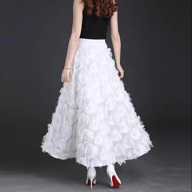 Tassel Feather High Waist Chiffon Feather Fringe Skirt Mid-length Summer Elastic Waist Long Skirt