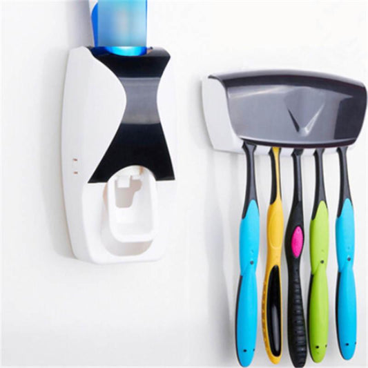 Automatic Toothpaste Dispenser + 5pcs Toothbrush Holder Set Wall Mount Rack Bathroom Accessories