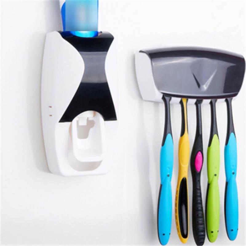 Automatic Toothpaste Dispenser + 5pcs Toothbrush Holder Set Wall Mount Rack Bathroom Accessories