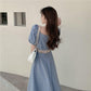 Women's Summer Solid Color Dress Square Neck Puff Sleeves Slim Over Knee Midi Dress