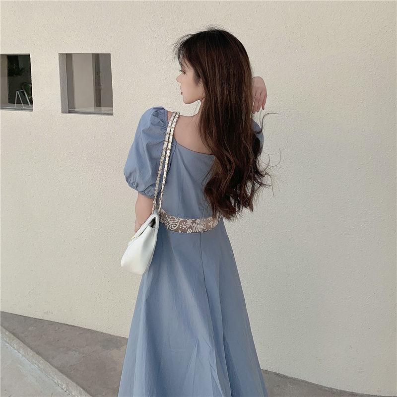Women's Summer Solid Color Dress Square Neck Puff Sleeves Slim Over Knee Midi Dress