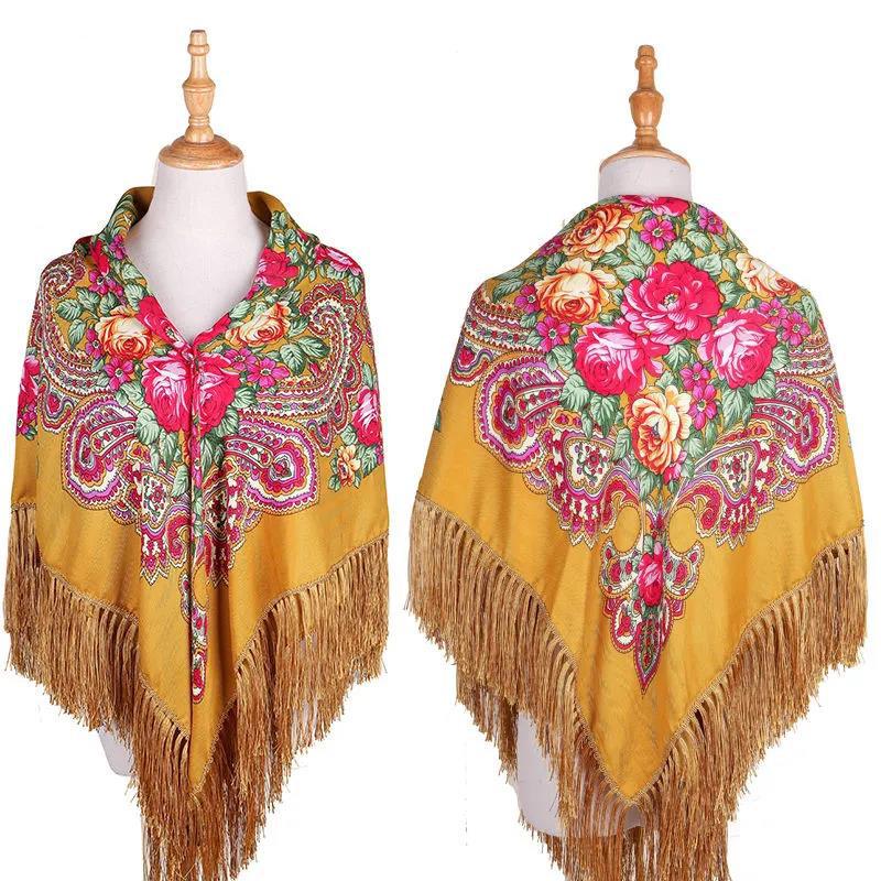 Women's Ethnic Style Square Scarf Printed Shawl Fringed Cotton Scarf Autumn Winter Warm Embroidered Shawl Multifunctional Turban Shawl Scarf 135x135cm