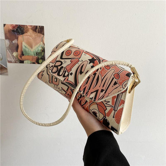 Comic Doodle Pattern PU Leather Armpit Bag for Women Shoulder Handbags Lady Elegant Baguette Bag