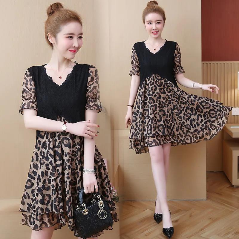Large Size L-XXXXXL Women's Summer Dress Chiffon Veil Leopard Printing Above Knee V-neck Ruffle