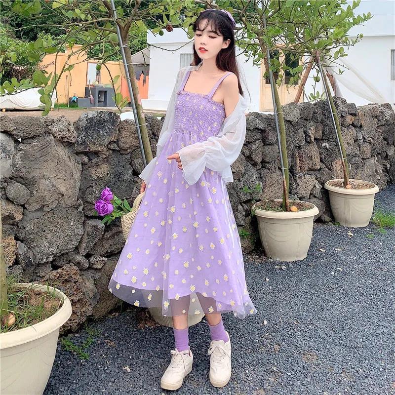 Mesh High Waist Small Daisy Suspender Skirt Small Fresh Dress Literary Retro Sweet First Love Dress Sleeveless Fairy Dress