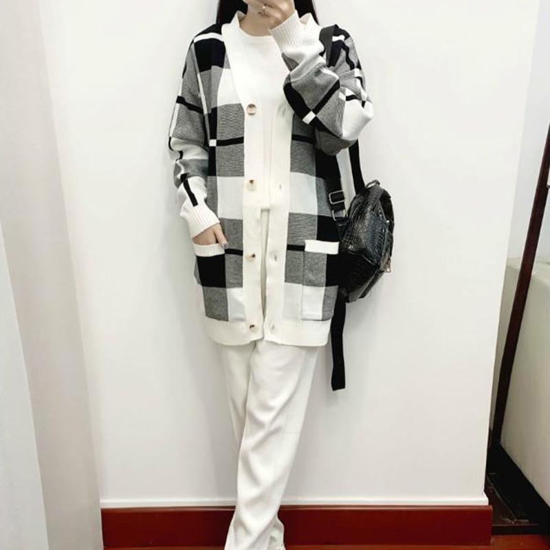 3pcs/set Knit Suit Women's Casual Plaid Knitted Cardigan +sweater + Knitted Harem Pants 3 Piece Set Ladies  Jogging Outfits Autumn Spring