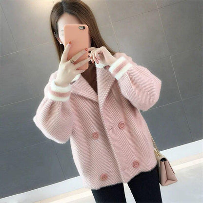 Autumn and Winter Fashion Jacket Short Lazy Style Long-sleeved Sweater Lapel Coat Women