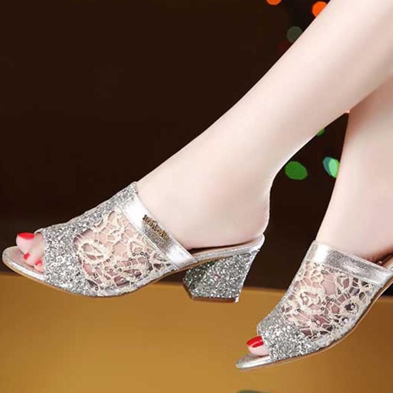 Plus Size 35-40 Women All-match Shiny Slippers Outdoor Diamond High Heels Bohemian Beach Wear-resistant Non-slip Slippers Mesh Sandals