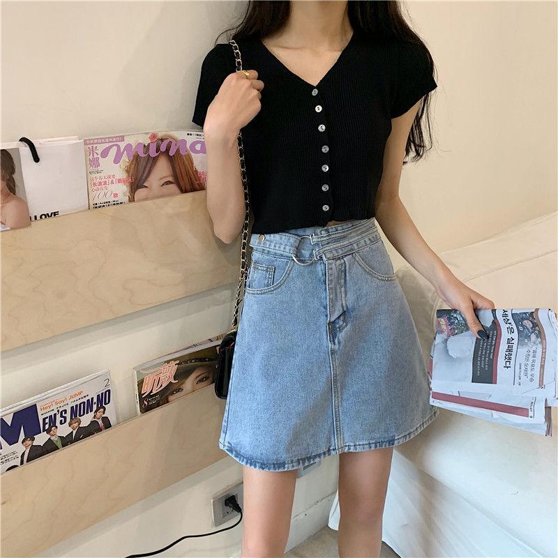 Summer  Version  The High Waist  Thin Bag Hip A-line Skirt Female Student Design Sense Denim Skirt
