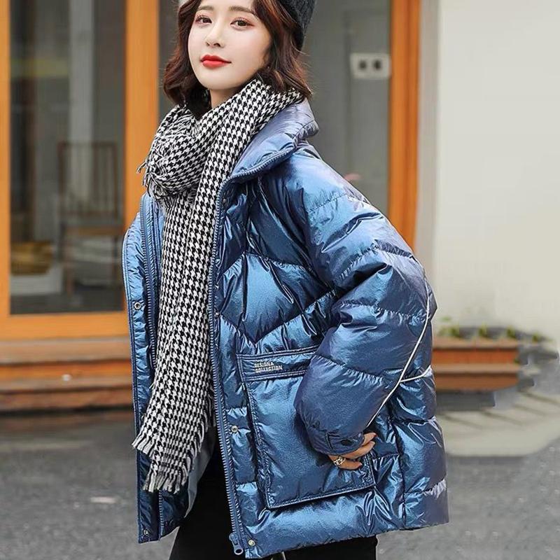 Women's Shiny Mid-length Down Jacket Winter Korean Style Loose Coat Warm Stand-collar Down Jacket