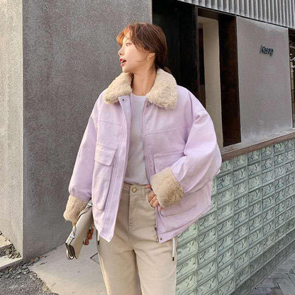Women's Cotton-padded Jacket Japanese Sweet Coat Women's Lamb Wool Bread Coat Loose Women's Short Plus Velvet Warm Cotton-padded Coat