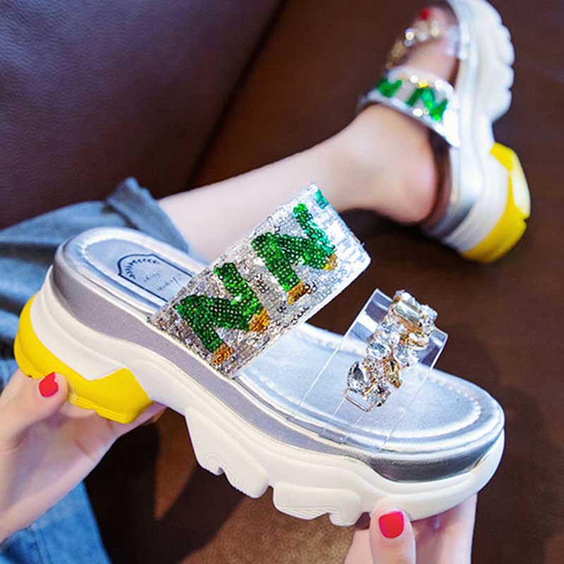 Size 35-39 Summer Women Shiny Slippers Bohemian Beach Wear-resistant Non-slip Slippers Wedge Platform Rhinestone Sandals Outdoor Crystal High Heels