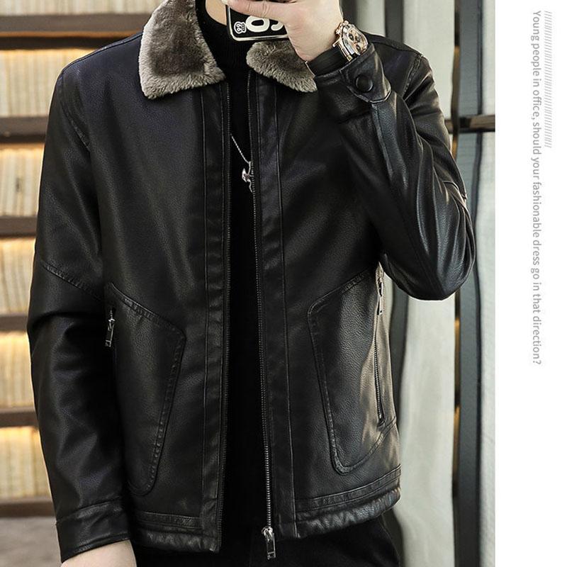 Leather Jacket Men's Winter Green Middle-aged Plus Velvet Thickening Men's Leather Jacket Jacket Fur One Parker Men's Clothing