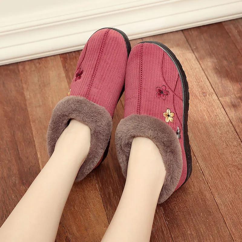 Cotton Shoes Women Winter Plus Velvet Embroidery Thickening Warm Plush Cotton Shoes Flat Windproof Non-slip Shoes