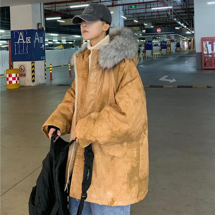 Tie-dyed Cotton Jacket Men's Winter Thick Down Cotton Jacket Korean Style Trend Loose Hooded Big Fur Collar Youth Cotton Jacket