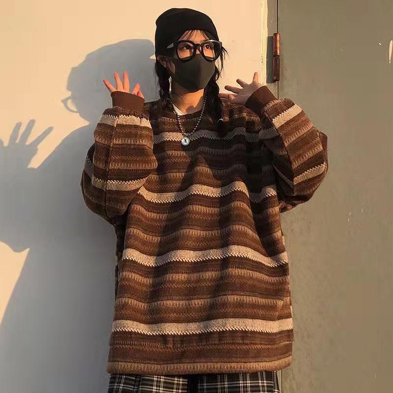 Unisex Women Striped Knit Sweater Spring Autumn Retro Hip Hop Pullovers Tops Female Oversize Ulzzang BF Couples Japanese