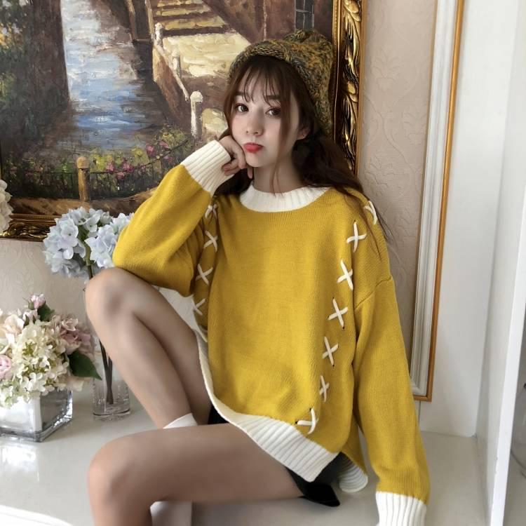 Loose Front Short Back Long Split Knitted Round Neck Jumper Short Wild Sweater Women