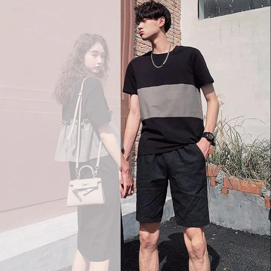 Couples Wear Summer Suit New Korean Style Stitching Short-sleeved T-shirt Dress One Man and One Woman Summer Two-piece Suit