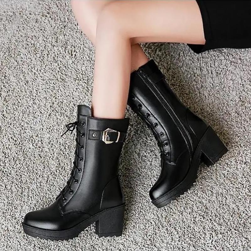 Winter Thick-soled Women's Martin Boots Chunky Heels Mid-boots Plus Velvet Warm Ankle Boots