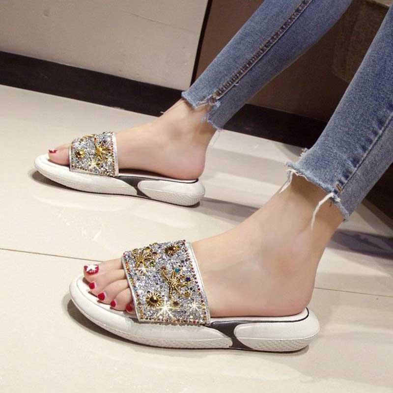 Size35-40 Summer Women Flat Slippers Bohemian Beach Wear-resistant Non-slip Slippers Wedge Platform Leopard Print Sandals Outdoor Crystal High Heels