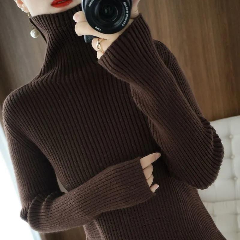 Autumn and Winter Turtleneck Sweater Women's Slim Slim Bottoming Shirt Vertical Pattern Large Size Long-sleeved Sweater