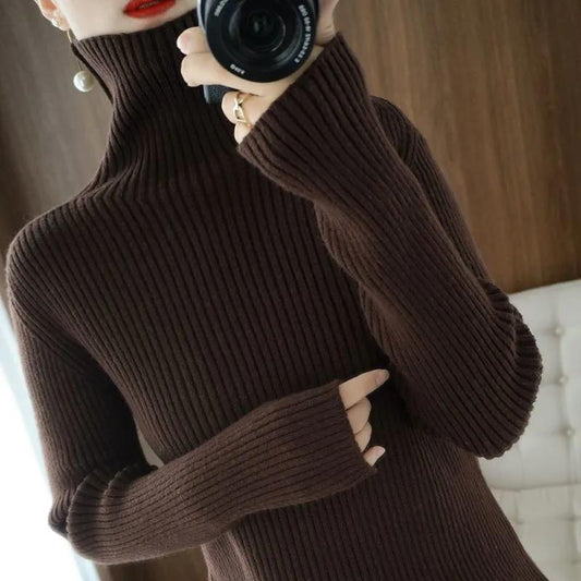 Autumn and Winter Turtleneck Sweater Women's Slim Slim Bottoming Shirt Vertical Pattern Large Size Long-sleeved Sweater