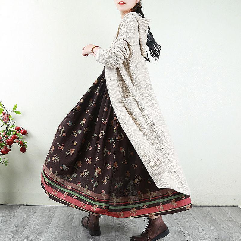 Hua Funi Retro Big Swing Cotton and Linen Women's Dress Spring Super Long Print Waist Temperament Long Skirt Loose Ethnic Style Dress