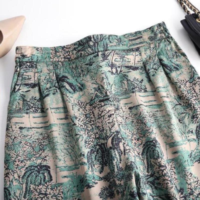 Imitation Silk Spring and Summer Retro Printed Cropped Trousers Middle-aged and Elderly Large Size Loose Harem Pants Women