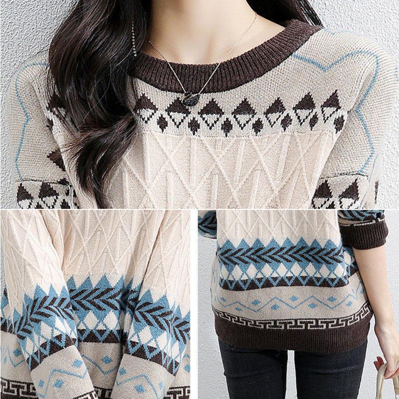 Sweater Women's Pullover Knitwear Korean Loose Plus Velvet Round Neck Tops Trending Lattice Sweater Autumn and Winter Tops