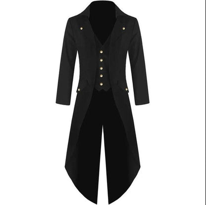Men Solid Color Tuxedo V-neck Flocked Robe Fake 2 Pcs Button Coat Casual Slim Windbreaker Long Over The Knee