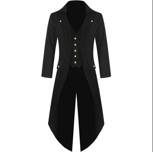 Men Solid Color Tuxedo V-neck Flocked Robe Fake 2 Pcs Button Coat Casual Slim Windbreaker Long Over The Knee