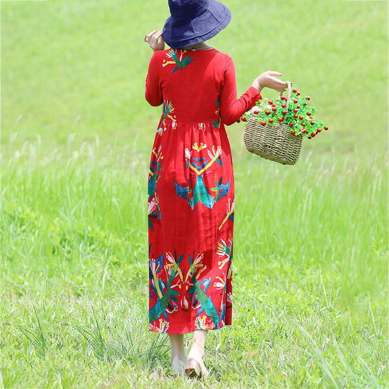 Ethnic Style V-neck Embroidery Long-sleeved Dress Bohemian Style Spring and Autumn Large Size Loose Middle Calf Length
