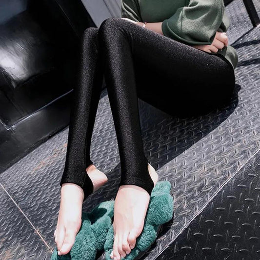 Black Winter Plus Velvet Pedal Gloss Pants Plus Velvet Thickened Leggings Women's Outer Wear Warm Step on Foot Shaping Pants
