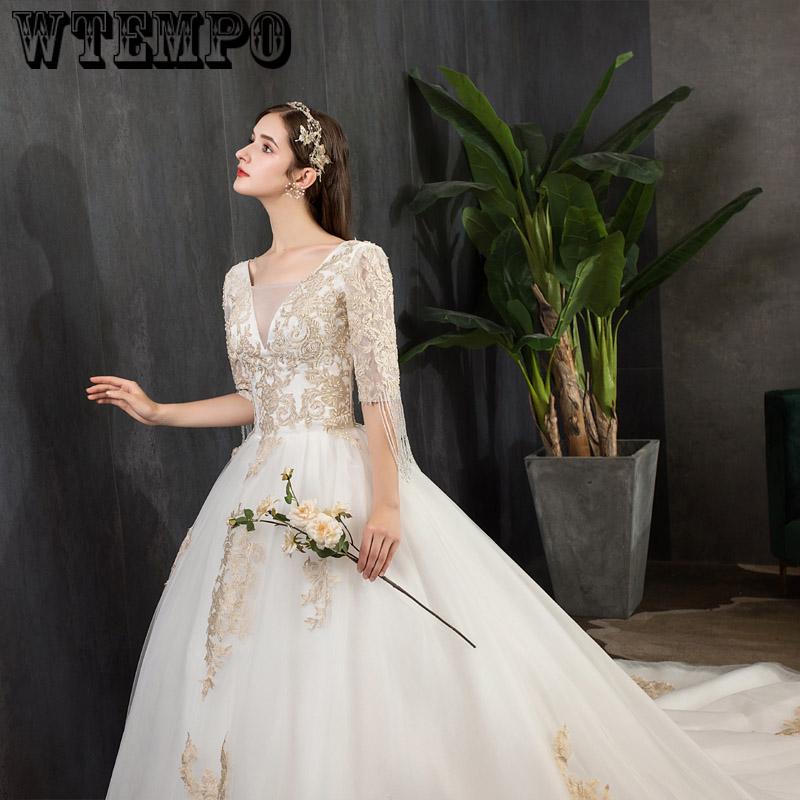 Gorgeous Ball Gown V Neck tassel Sleeves Lace Champagne Long Wedding Dresses Bridal Gown