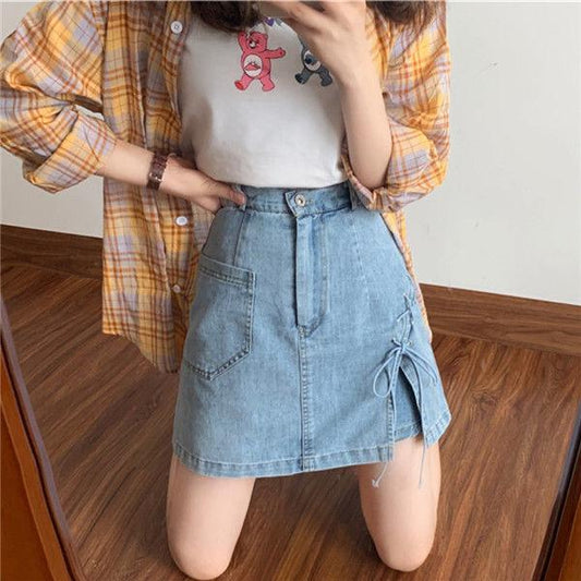 Retro Strappy Split Denim Skirt Women's Summer High Waist A-line Skirt Fake Two-piece Skirt