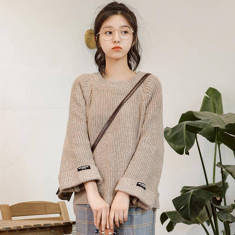 Pofulove 5 Colors Cute Thick Knitted Shirt O-neck Loose Women Blouse Simple Color Splite Sweaters